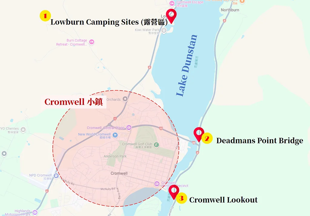 16-07_Lake Dunstan Map_2 Cromwell 景點推薦 4. Lake Dunstan (鄧斯坦湖) 附近推薦觀景點